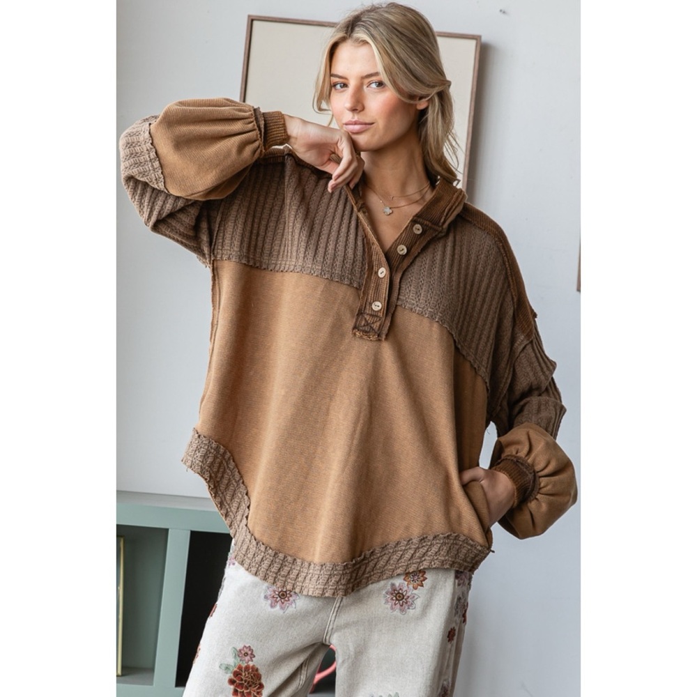 Oli & Hali Camel + Chocolate Two Tone Oversized Hooded Henley Pullover - Picture 6 of 7